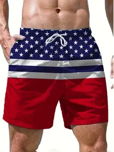 Men's Hawaiian Flag Stripe Beach Shorts, Swimwear Shorts, 3D Digital Print, Casual Fitted Short Pants, Drawstring Waist, Natural Waist, All over Print, Swim Bottom