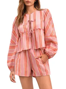 Womens 2 Piece Outfits Tie Front Peplum Tops Shorts Sets Striped Puff Long Sleeve Blouse Y2K Lounge Sets