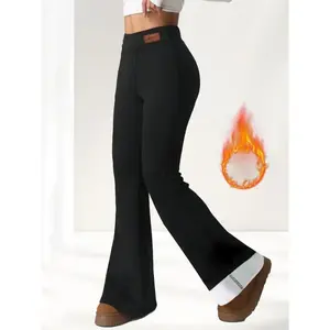 Thermal Insulation] Women's Winter Warm Fleece-Lined Flare Leg Pants - Thick High-Waisted Bell Bottoms with Stretch, Black, Casual Outerwear for Cold Weather, Winter Clothes Womenswear Fabric Spring Fitted