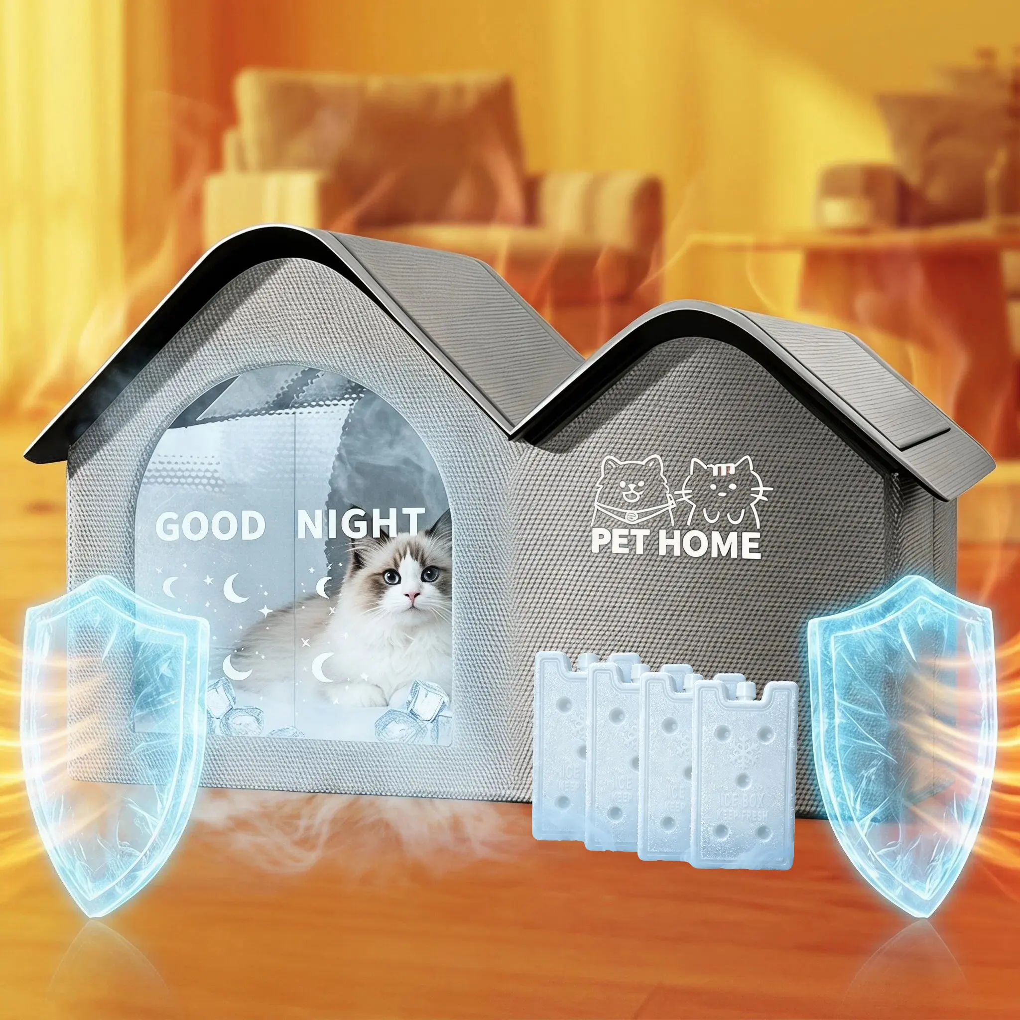 Insulated Aluminum Foil Fabric Cooling Pet House - Enclosed Cottage for Cats, Thermal Blocker with Ice Box Slot, Fan-Included No AC Needed, 95°F to 68°F Reduction, Portable Foldable (Pet Supplies, Dog & Cat Furniture)