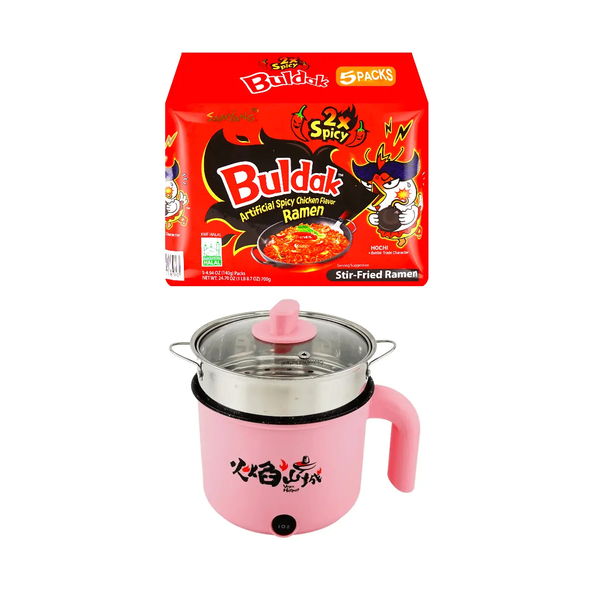 Samyang Buldak Ramen 2x Spicy Chicken Flavor Noodles Combo with Portable Electric Hot Pot - Korean Instant Noodles & Mini Steamboat Set