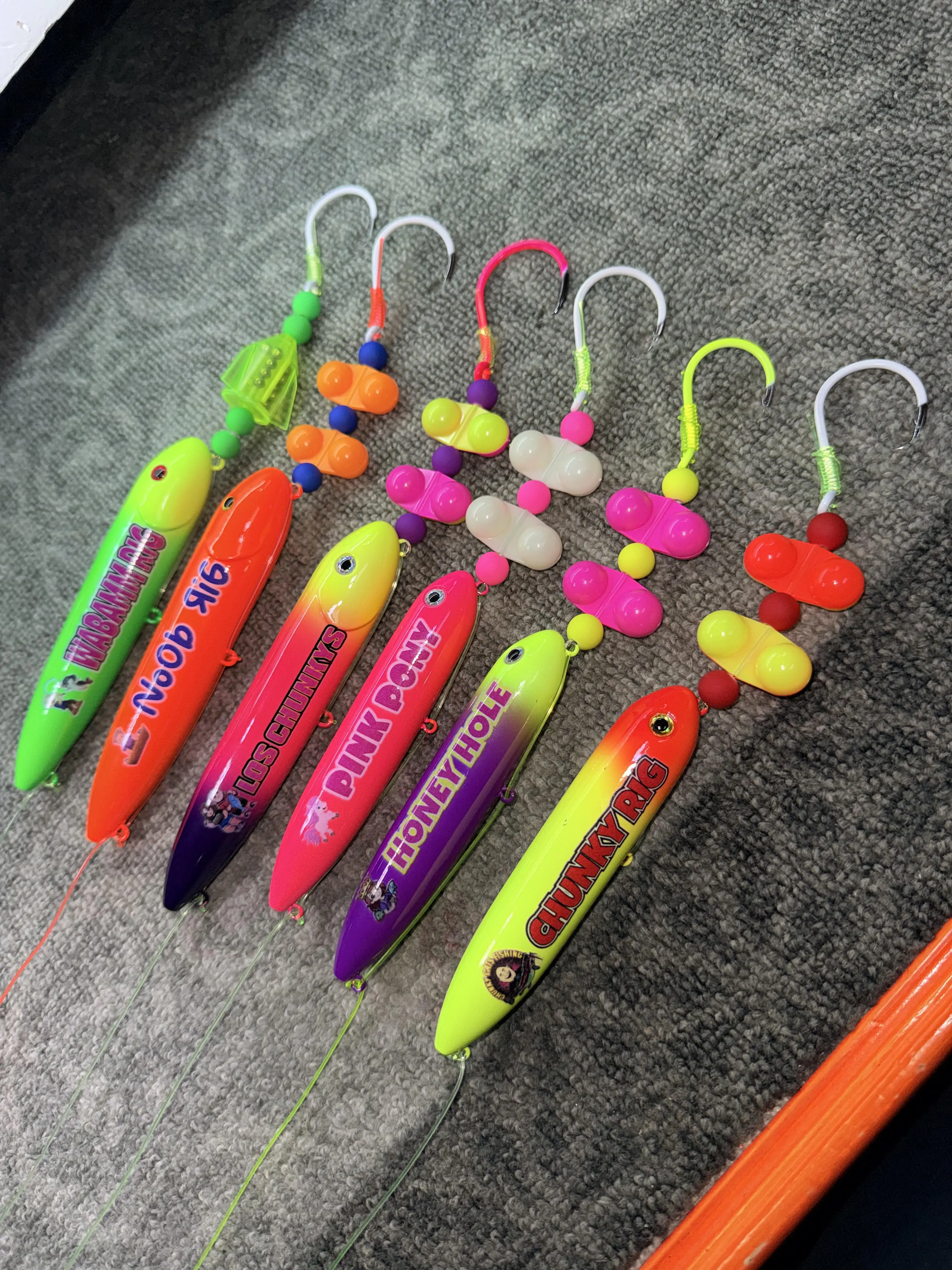 Chepito's Six Pack: Los Chunkys 13cm, Wabamm 13cm, Noob 13cm, Pink Pony 11cm, Chunky 11cm, & Honey Hole 11cm on 4/0, 6/0, and 8/0 hooks on 100 pound mono leader lines