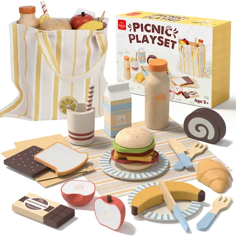Lehoo Castle 21PCS Wooden Pretend Cooking Set for Kids - Play Kitchen Accessories, Phthalate-Free Kids Toys, Non-Toxic Paint, 4 Food Groups, Cut & Stick Fruits, Cut-Crunch Sound, Portable Storage Bag, Picnic & Screen-Free Birthday Gift