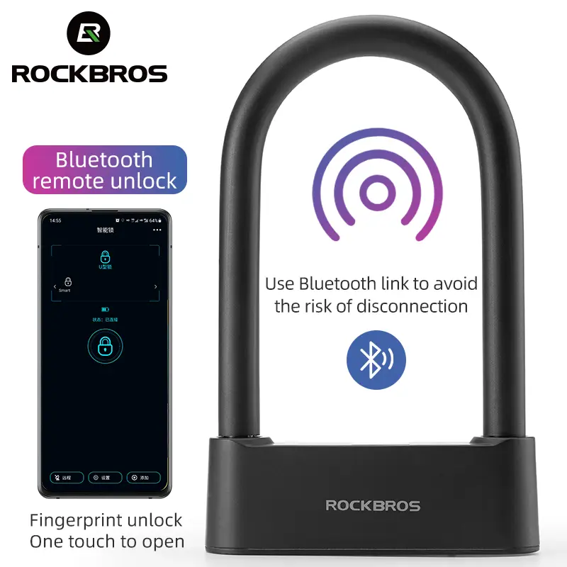 ROCKBROS Fingerprint Padlock, IP6 Waterproof Bicycle U-Lock, Bluetooth Lock with Keys, USB Rechargeable Bike Lock for E-Bikes, Gravel Bikes, Scooters, Motorcycles, Gym, Office & Home