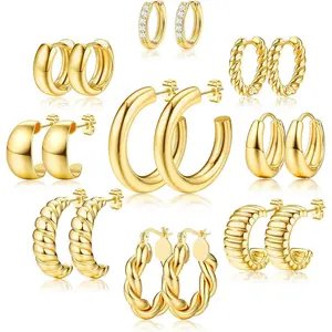 CASSIECA Gold Plated Hoops Earrings Stack for Women 14K Gold Plated Small Hoop Earrings Stack Chunky Hypoallergenic Earrings Stack for Women Thick Lightweight Huggie Earrings Stack Jewelry for Women