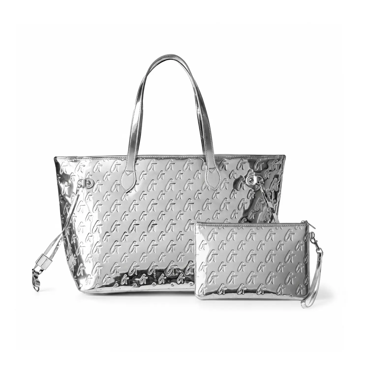 MONOGRAM GLAM TOTE WITH WRISTLET - METALLIC SILVER
