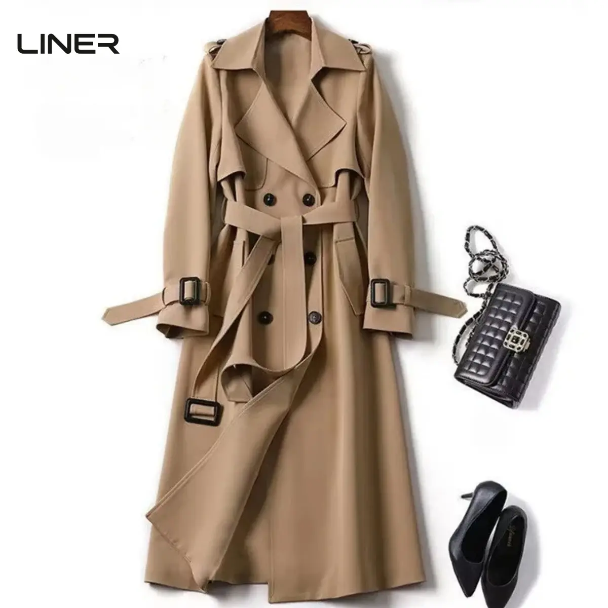 Women's 2026 Spring-Autumn New Korean-Style Mid-Length Long-Sleeve Elastane Trench Coat, Plus-Size British-Wind Jackets, Outerwear Clothes