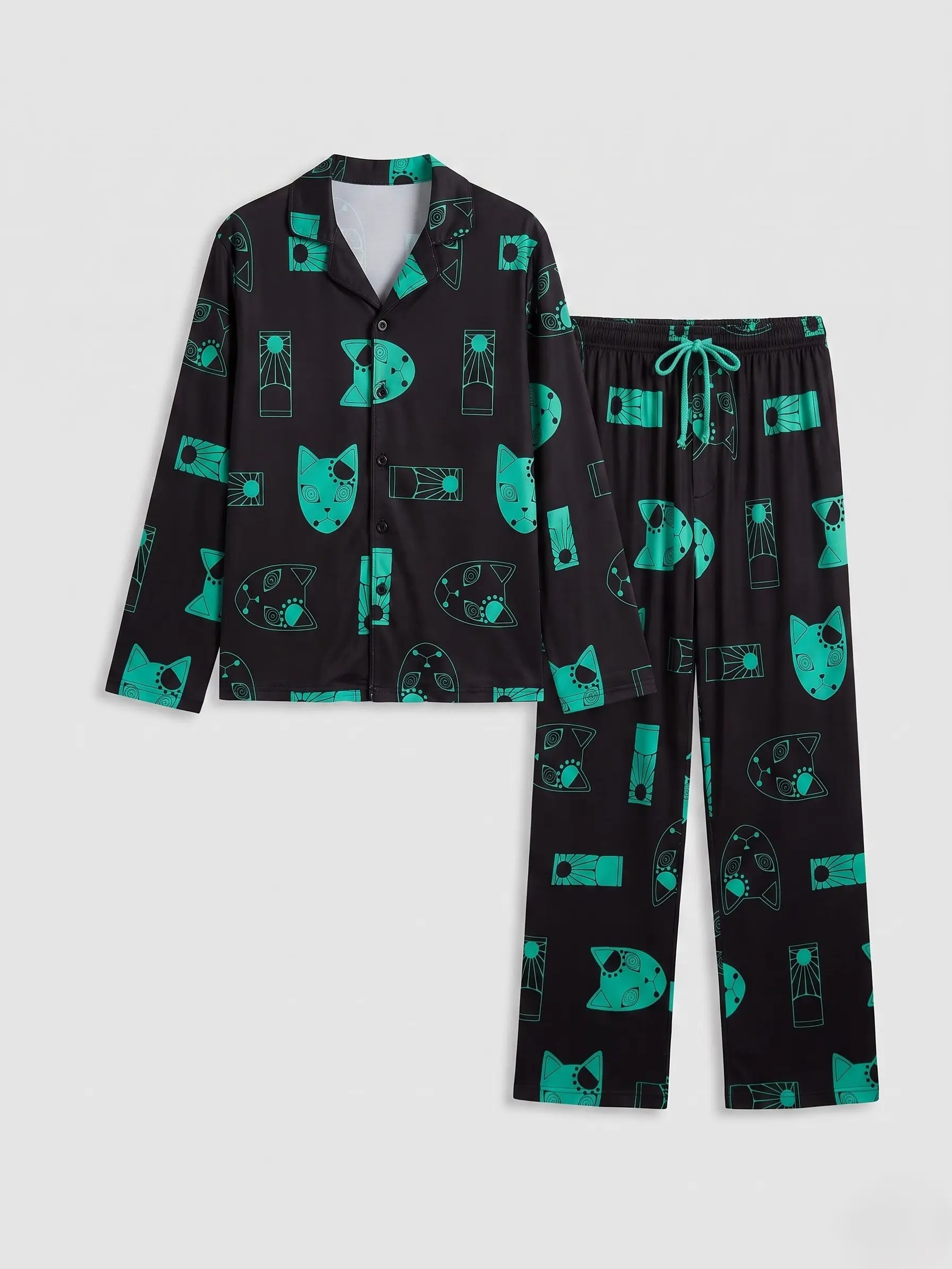 Demon Slayer: Kimetsu no Yaiba Tanjiro Tonal Icons Allover Print Sleep Pants, Black Teal Long Sleeve Button Down PJs, Celestial Graphic Sleepwear, Anime Inspired Loungewear Gift