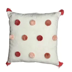 Pillowfort White & Pink Decorative Pillow with Red & Pink Pom-Poms for Cozy Home Decor