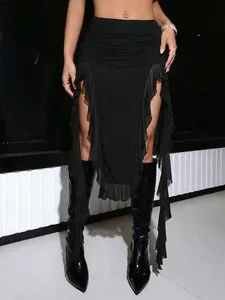 Women's Pleated Patchwork Asymmetrical Hem Midi Skirt, Low Waist A-Line Dress, Casual Fashion for Spring & Fall, Bottom