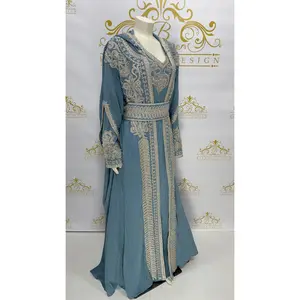 Caftan Hoody Butterfly Kaftan Dress Set 3 Pcs Long Dress Silver Beads & Embroidery Blue