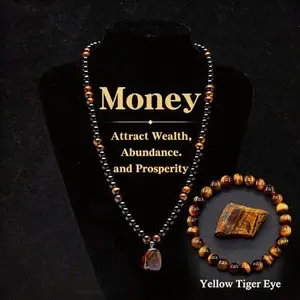 2pcs/set Money Attraction Necklace bracelet with Tiger Eye Pendant Healing Crystal Stone ,Obsidian,Anniversary, Vacation &ThemeParties Jewelry Charms Abundance Crystal bracelet,Long Chain,Sweater chain,Ideal Gift Jewelry for Men and Women