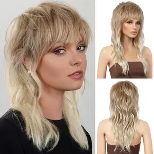 16 Inch Short Blonde Shaggy Layered 80s Mullet Pixie wig with Bangs Wolf Cut Curly Synthetic Natural Replacement Wigs for Women Daily Party Cosplay Costume Use Spring Wig