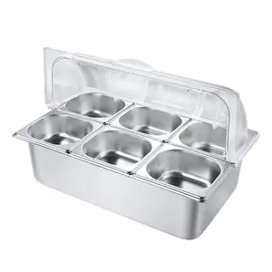 6 Pan Countertop Food Serving Display Container Stainless Steel Ice Cooled Food Display Rack Pans with Clear Roll Top Cover for Restaurant Hotel Kitchen Party