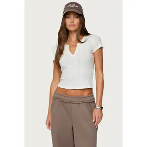 Semi Sheer Ribbed V Neck T Shirt