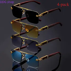 4-Piece Unisex Retro Square Sunglasses, Oversized Round Rectangular Double Bridge Frameless Shades, Lightweight Classic Decorative Eyewear, Trendy Versatile Fashion Accessories for Men Women Party Casual Daily Outdoor Wear