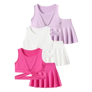 6-piece girl summer solid color round neck sleeveless top and solid color elastic waist pleated skirt suit children's fashion and leisure skin-friendly and comfortable summer suit
