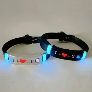 2pcs Matching Glow “I Love You” Bracelets for Couples, Adjustable Light-Absorbing Leather Bracelets with Heartbeat Design, Valentine’s & Anniversary Gift