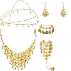 Belly Dance Jewelry Set Women Belly Dance Gold Sequins Head Chain Coins Necklace Earrings Bracelets Bohemian Tassel Anklet Chain Hand Ring Bracelet Anklet Coin Veil Necklace