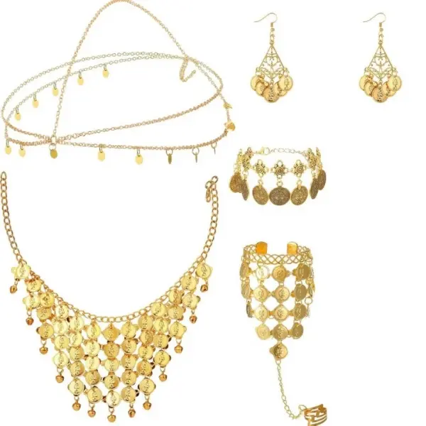 Belly Dance Jewelry Set Women Belly Dance Gold Sequins Head Chain Coins Necklace Earrings Bracelets Bohemian Tassel Anklet Chain Hand Ring Bracelet Anklet Coin Veil Necklace campingessentials