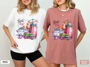 Girls Cruise Shirt - Matching Girls Trip Outfits for Summer Vacation & Bachelorette Group Tee, Short Sleeve Crew Neck Casual Tee in White & Heather Mauve