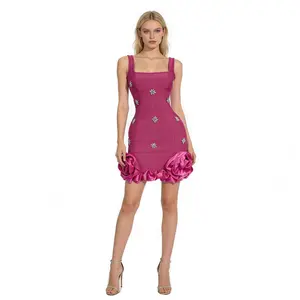 Rhinestone 3D Rose Hot Pink Bandage Dress Square Neck Bodycon Party Gown (XS-L)