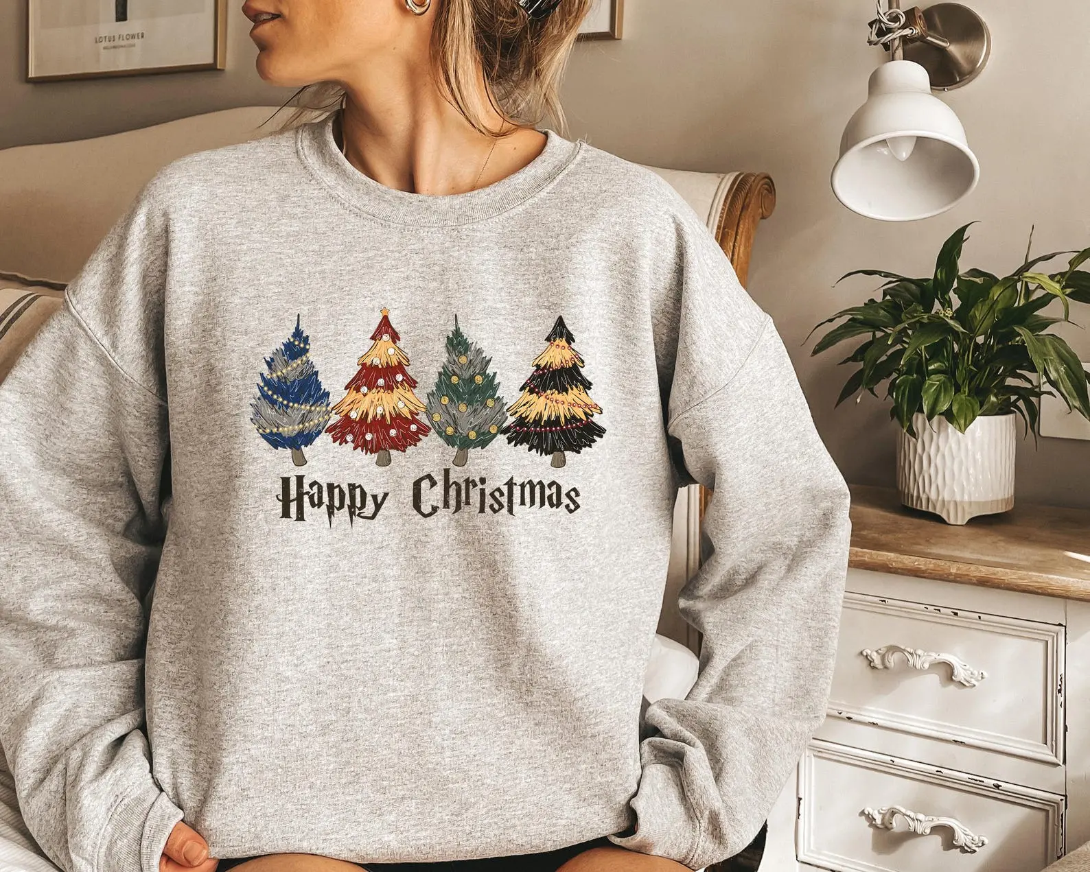 Wizard Houses Christmas Tree Sweatshirt, HP Wizarding World Inspired Hoodie, Vintage Christmas Magical Pine Shirt, Christmas Sweatshirt, Xmas Holiday Gift