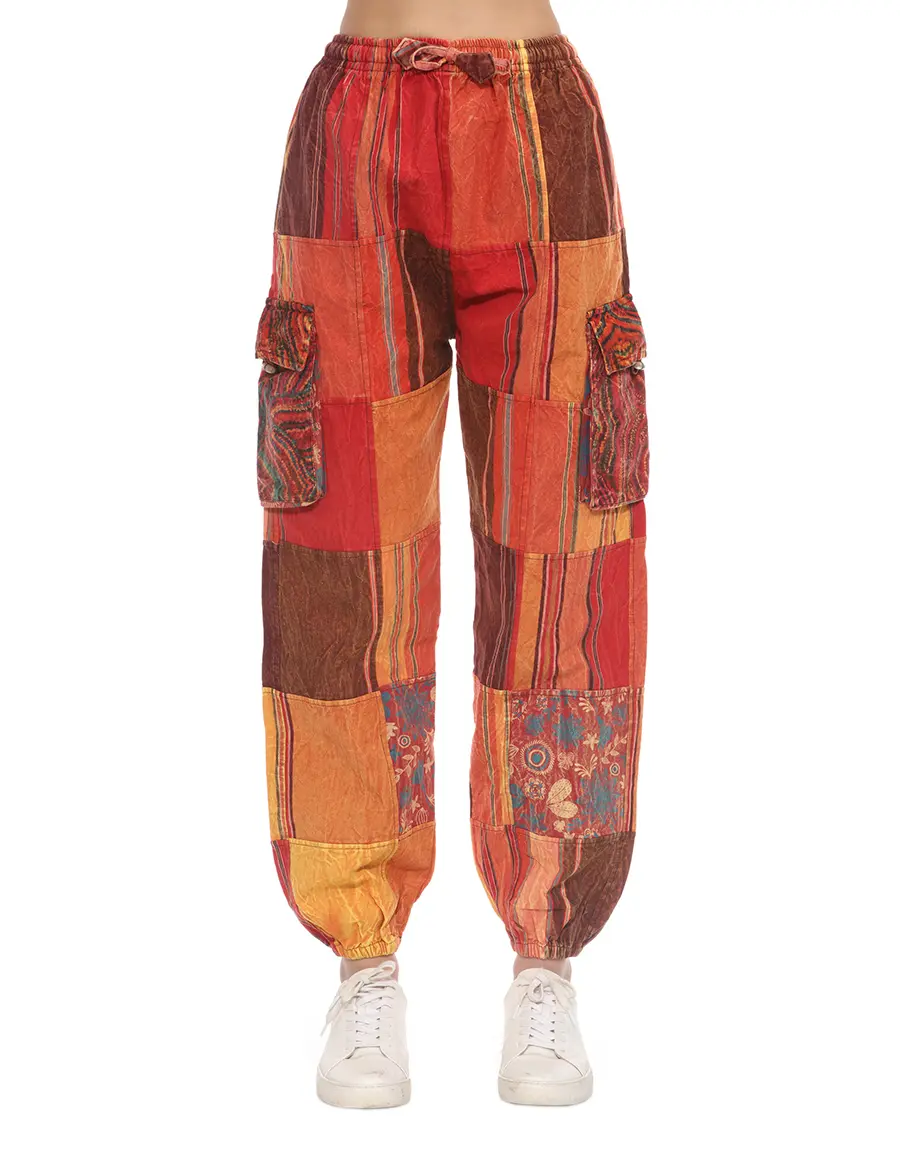 Caravan Closet Men's Cotton Stonewashed Patches Harem Pants - Menswear, Casual Unisex Bottoms, Bohemian Trousers, Hand Wash, Mid Waist, Loose-Fitting, Baggy, Elastic Waist Closure, Fashion, Artful Patches, Patchwork