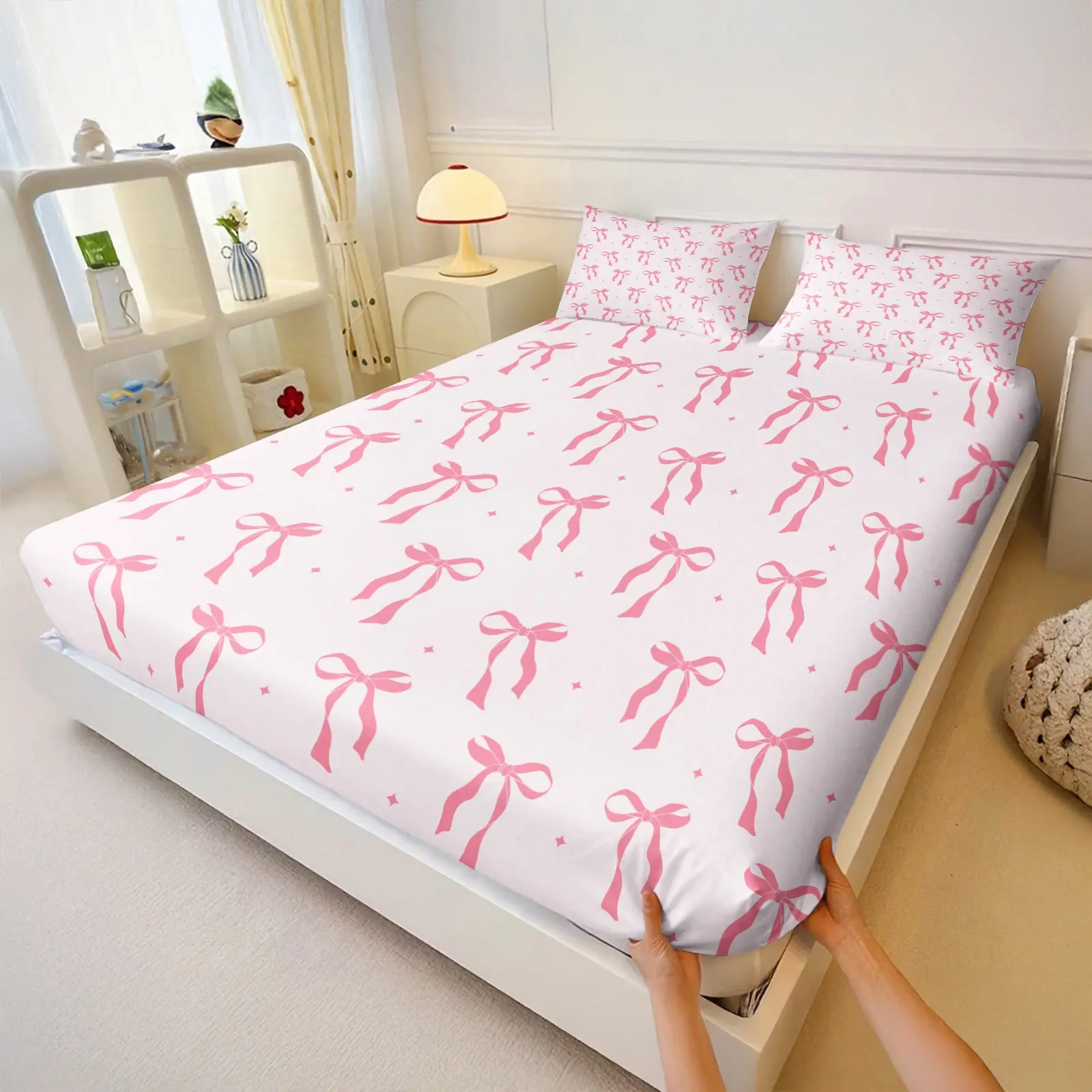 3Pcs Sweet Pink Bow Fitted Sheet Set, Breathable Bedding Set, Bedsheet Set, Non-Slip Deep Pockets, Pure and Elegant Style, Suitable for Girls' Rooms, Teen Rooms, Dormitories, and Apartments. A Perfect Gift for Girls (Without Pillow Core) Bed Sheet Sets.