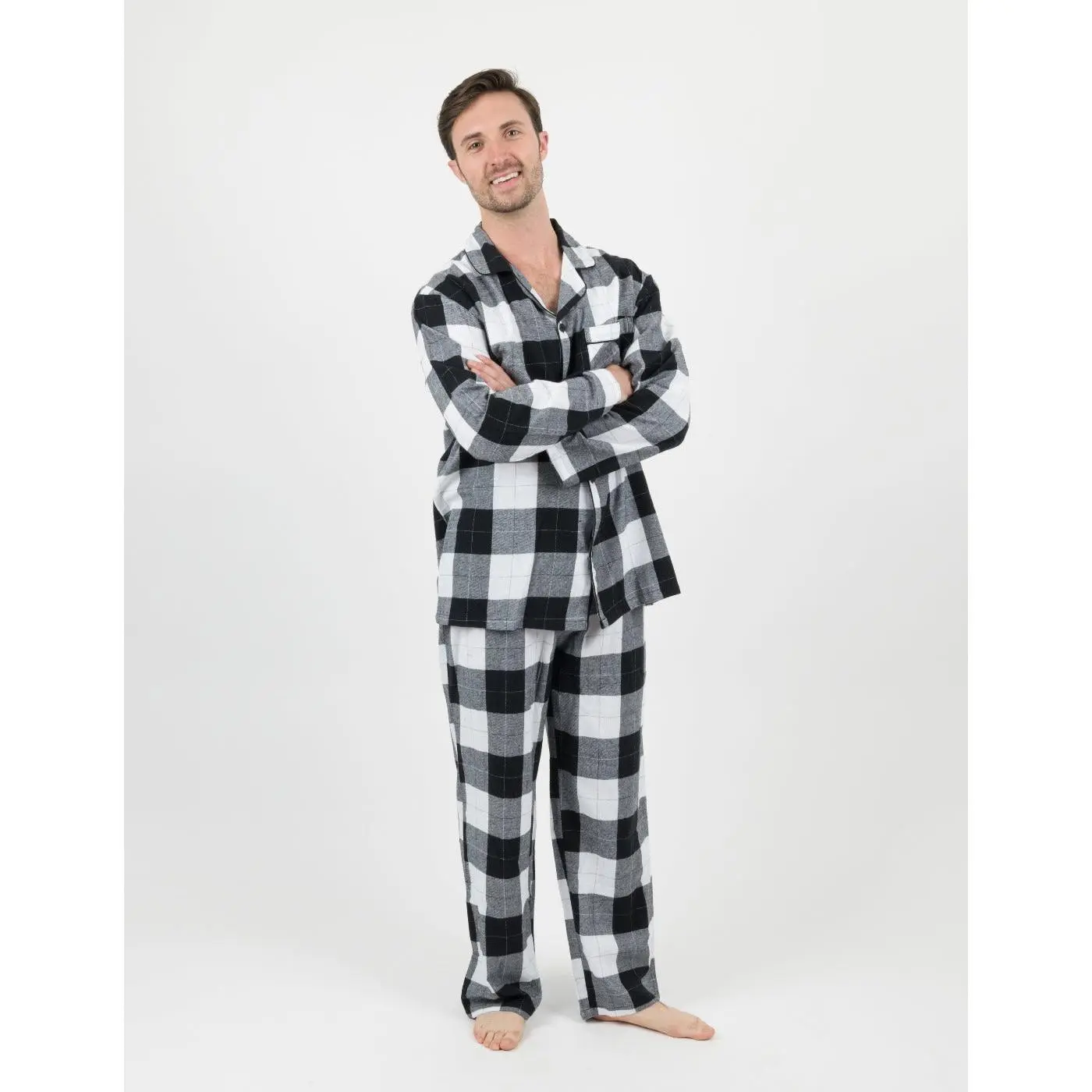 Mens Black & White Plaid Flannel Pajamas