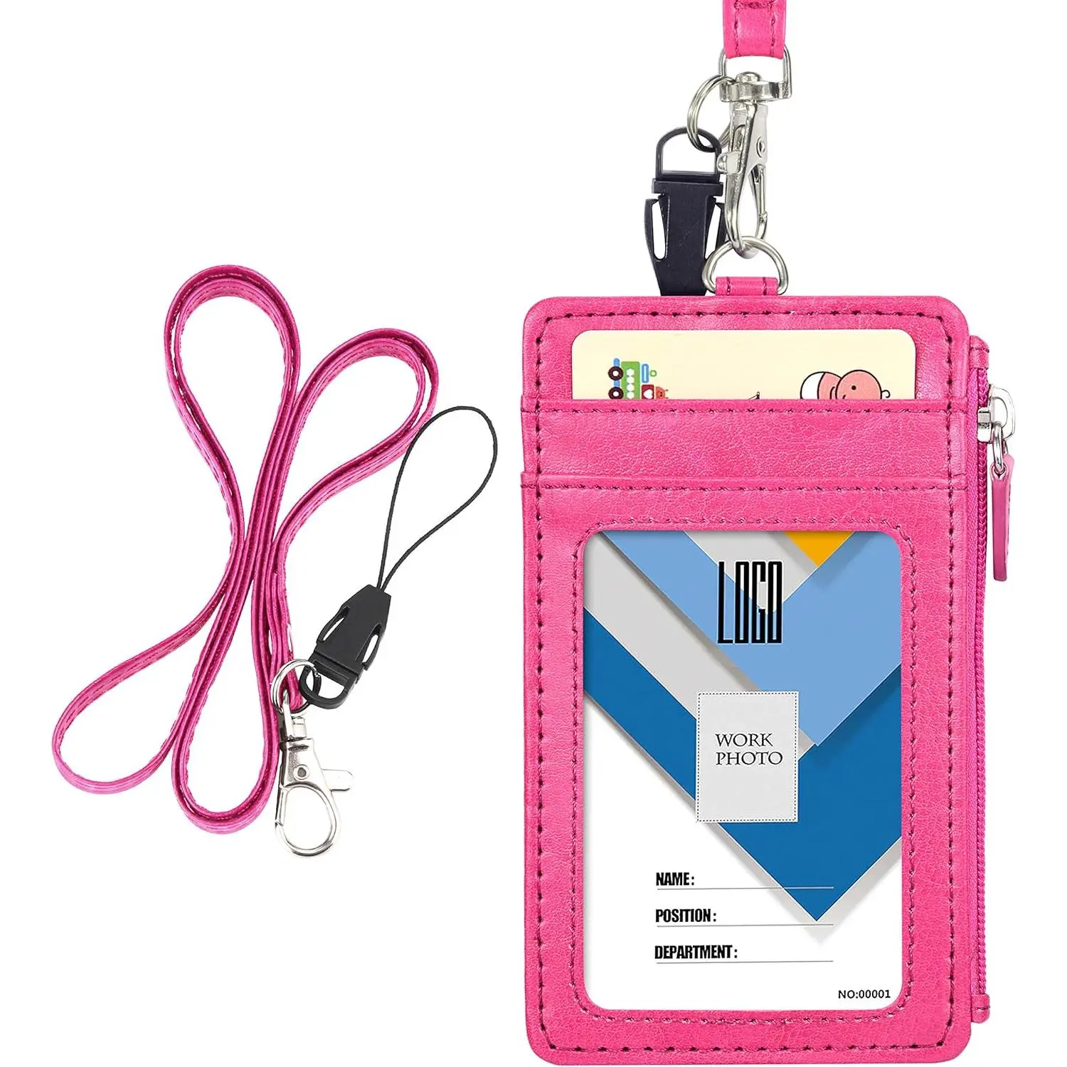 Badge Holder with Zip,  Double Sided PU Leather ID Badge Card Holder Wallet Case with 5 Card Slots, 1 Side Zipper Pocket and 20 Inch Leather  Lanyard/Strap - Hot  (Vertical)