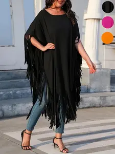 Plus Size Women's Plain Fringe Batwing Sleeve Top, Loose Fit Casual Dress, European Style Summer, Beach Festival Streetwear
