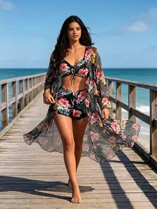 Women's Plus Size 3-Piece Boho Swim Bikini Set, High Waist Shorts, Soft Quick-Drying Fabric Cover Up, Thong - Floral Print Swimsuits for Sports & Outdoor Use