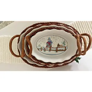 Spinnaker Snowman Casserole Serving Dishes set of 3 Baskets with Holiday Charms