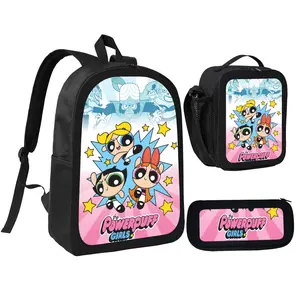 Powerpuff Girls Pink Theme Backpack 3-Piece Set Black Student Stationery Set Anime Backpack Combo
