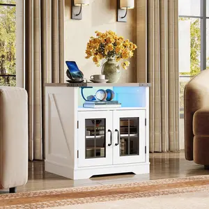 WLIVE Farmhouse End Table, 24" Side Table with Charging Station, LED Farmhouse Nightstand with Adjustable Storage Shelf for Living Room, Bedroom, Office, Rustic Wood Bedside Table