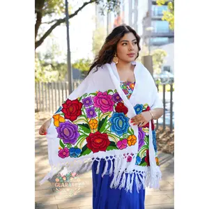 Bella Rebozo - Floral Embroidered Shawl, White Color, Features Bold Flower Designs, Versatile Accessory for Versatile Wear