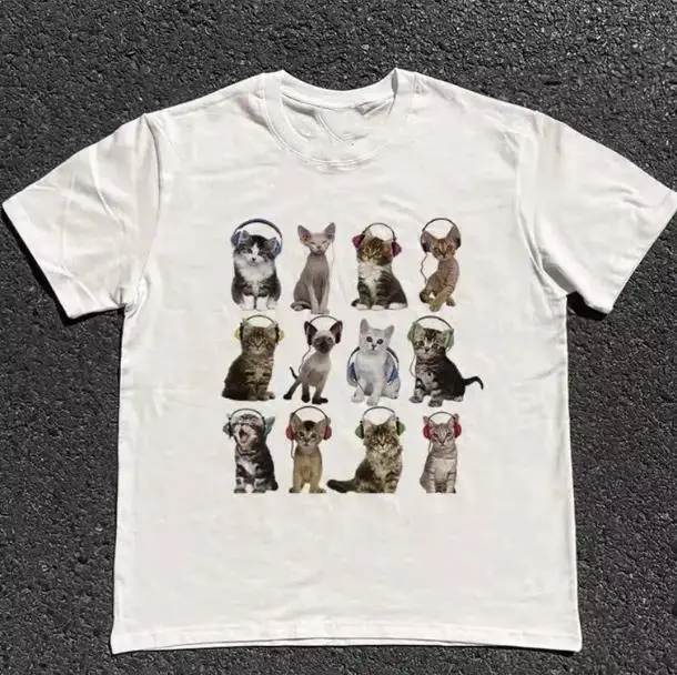 Cute Kittens With Headphones Graphic Tee, Funny Cat Print T-Shirt, Soft White Cotton Crewneck, Y2K Streetwear Aesthetic, Casual Daily Wear, Gift for Cat Lovers, Music Lover Animal Top, Perfect for Everyday Style & Pet Lovers