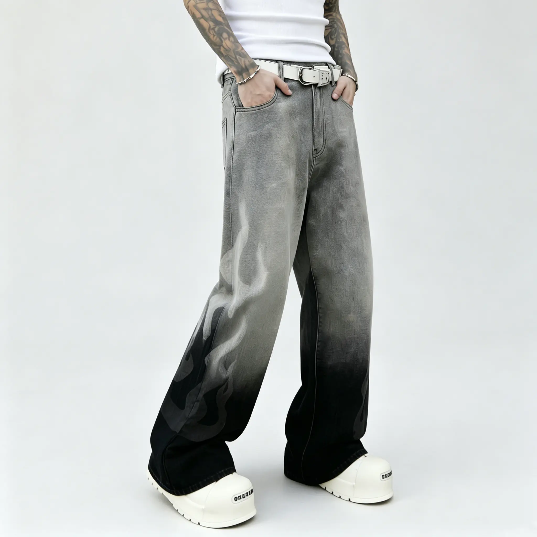 Men's Y2K Gradient Flame Print Baggy Jeans Vintage Faded Wide Leg Denim Pants Hip Hop Streetwear Loose Trousers