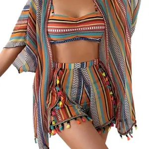 Women's 4 Pieces Bikini Set Swimsuit Tropical Beach Bikini Shorts Cover Up Swimwear Bating Suit Hight Wasted Boho Tie-Front Bust Design