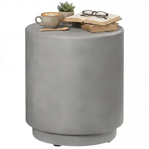 Round Side Table Light Gray with Concrete Finish 14.5 Inch Diameter for Balcony or Patio as Plant Stand or Drink Table