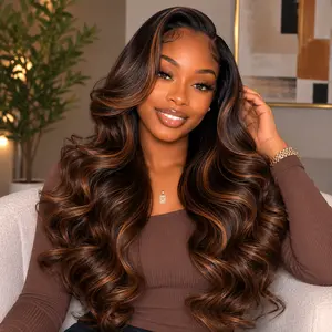 Afribye Hair FB/30 Women's Body Wave Human Hair Lace Front Wig, 13x6 HD Transparent Lace, Brown Highlight