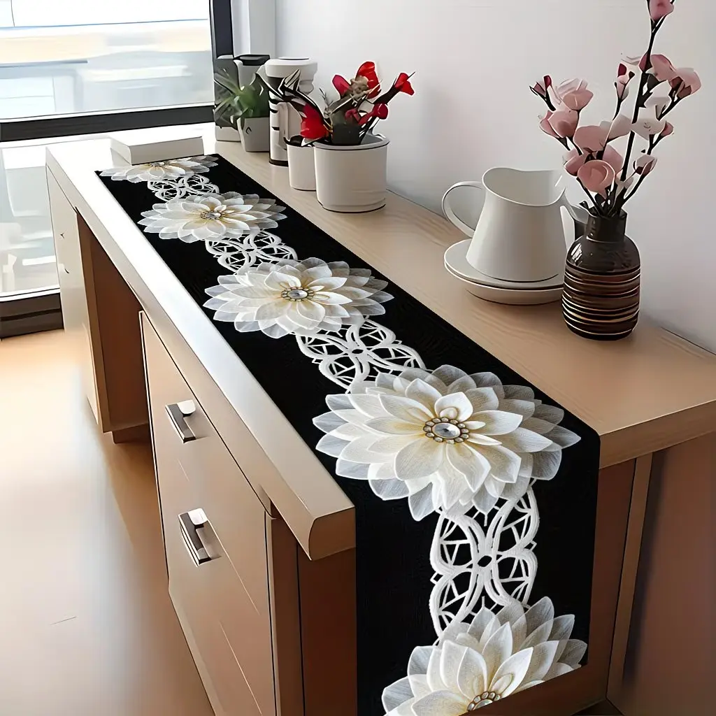 1 2D table flag, elegant white flower decoration design, linen holiday tablecloth, desktop decoration, anniversary wedding kitchen table decoration, suitable for home, kitchen, outdoor party, restaurant and tabletop decoration, Gift