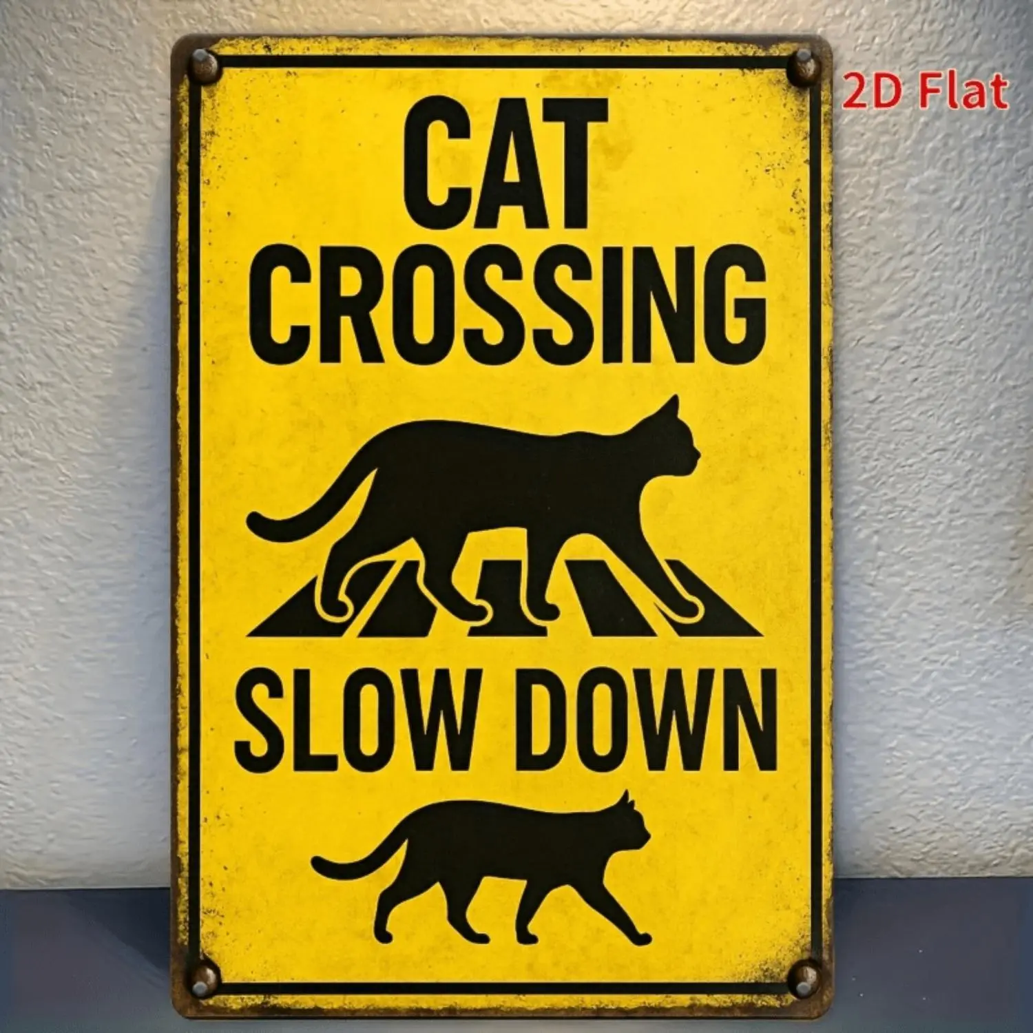 2D Flat 1pc 8x12 Inch Cat Crossing Slow Down Metal Sign - Vintage Yellow Iron Wall Art with Black Silhouette Cats, Humorous Retro Decor for Home, Bar, Cafe, Garage, and More, Cat Decor, Perfect for Room Decor