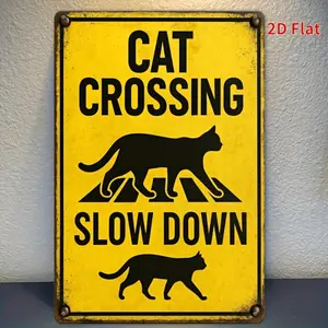 2D Flat 1pc 8x12 Inch Cat Crossing Slow Down Metal Sign - Vintage Yellow Iron Wall Art with Black Silhouette Cats, Humorous Retro Decor for Home, Bar, Cafe, Garage, and More, Cat Decor, Perfect for Room Decor