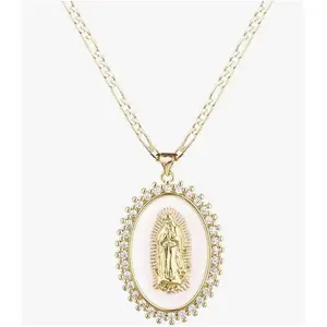 Virgin Mary Necklace for Women 14K Gold Plated Our of Guadalupe Mother Mary Pendant Oval Zircon Inlay Charm Figaro Chain Necklaces Catholic Gift