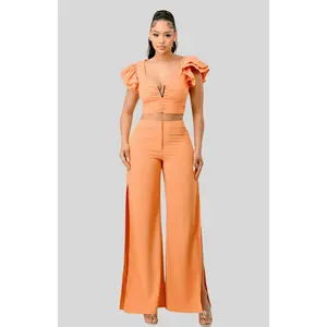 Clarie Ruffle Trim Top and Slit Pants Set-Baby Orange Elegant Chic