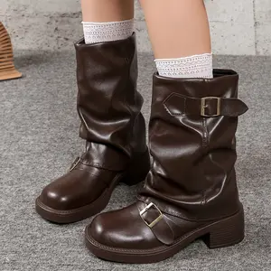 Women's Black Fashion Boots: Brand New Striped Western Style Mid-Calf Boots with Lace Closure and Chunky Heel