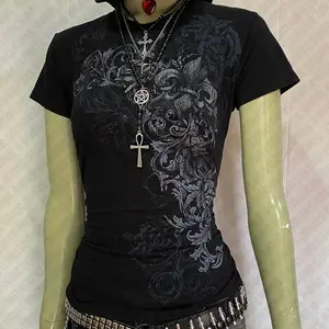 Y2k Style Clothes Graphic Tee Print Baby Tees Slim Crop Tops Streetwear Aesthetic Vintage  Goth Short Sleeve Emo Girl 2000s Tops