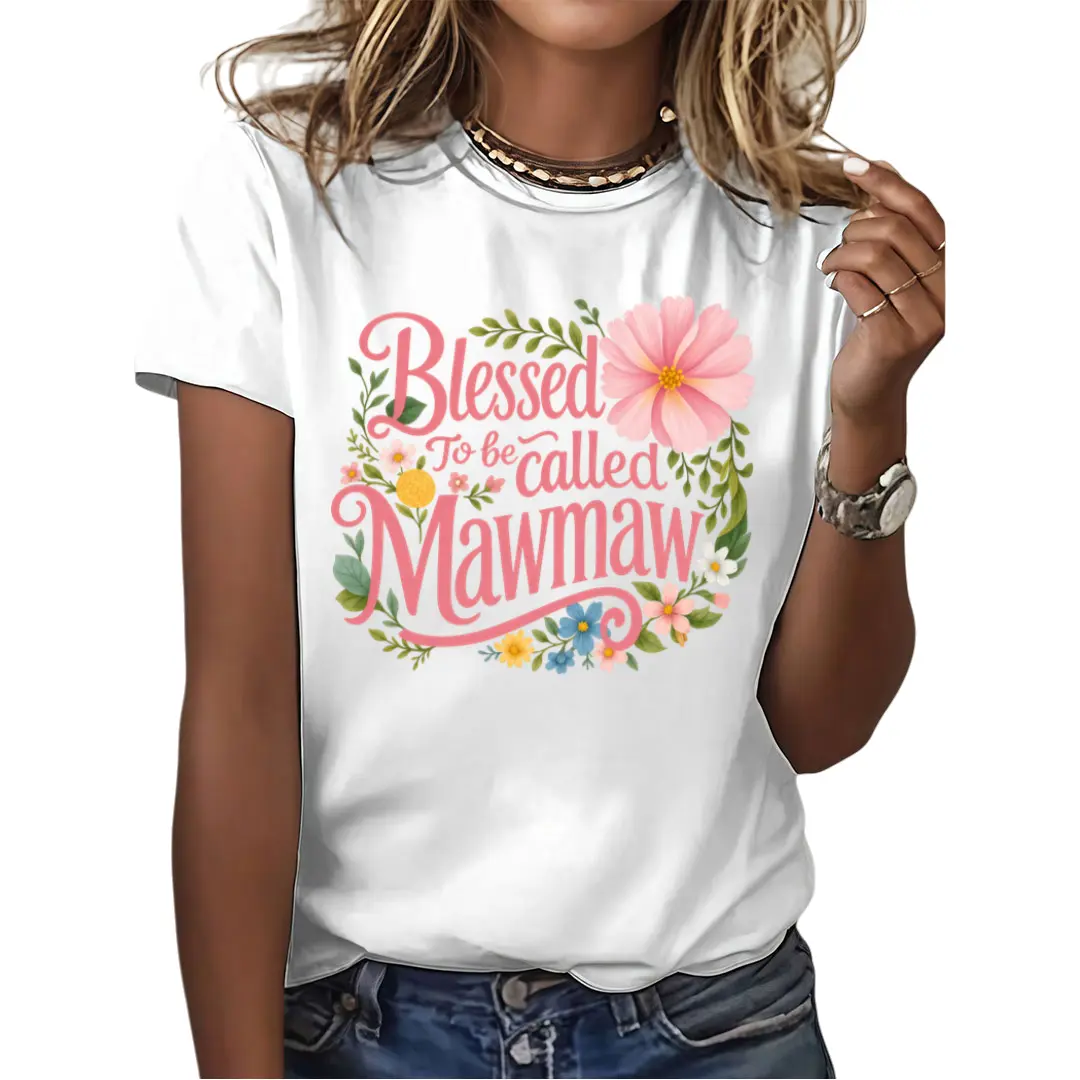 Women's Floral Graphic T-Shirt - Blessed to Be Called Mawmaw - Soft Pinkish-Brown Crew Neck Tee, Lightweight Breathable Everyday & Gift Top for Grandma, Mother's Day, Birthday, Christmas - Grandma Apparel, Casual Wear, Short Sleeve Shirt Colorful Cotton